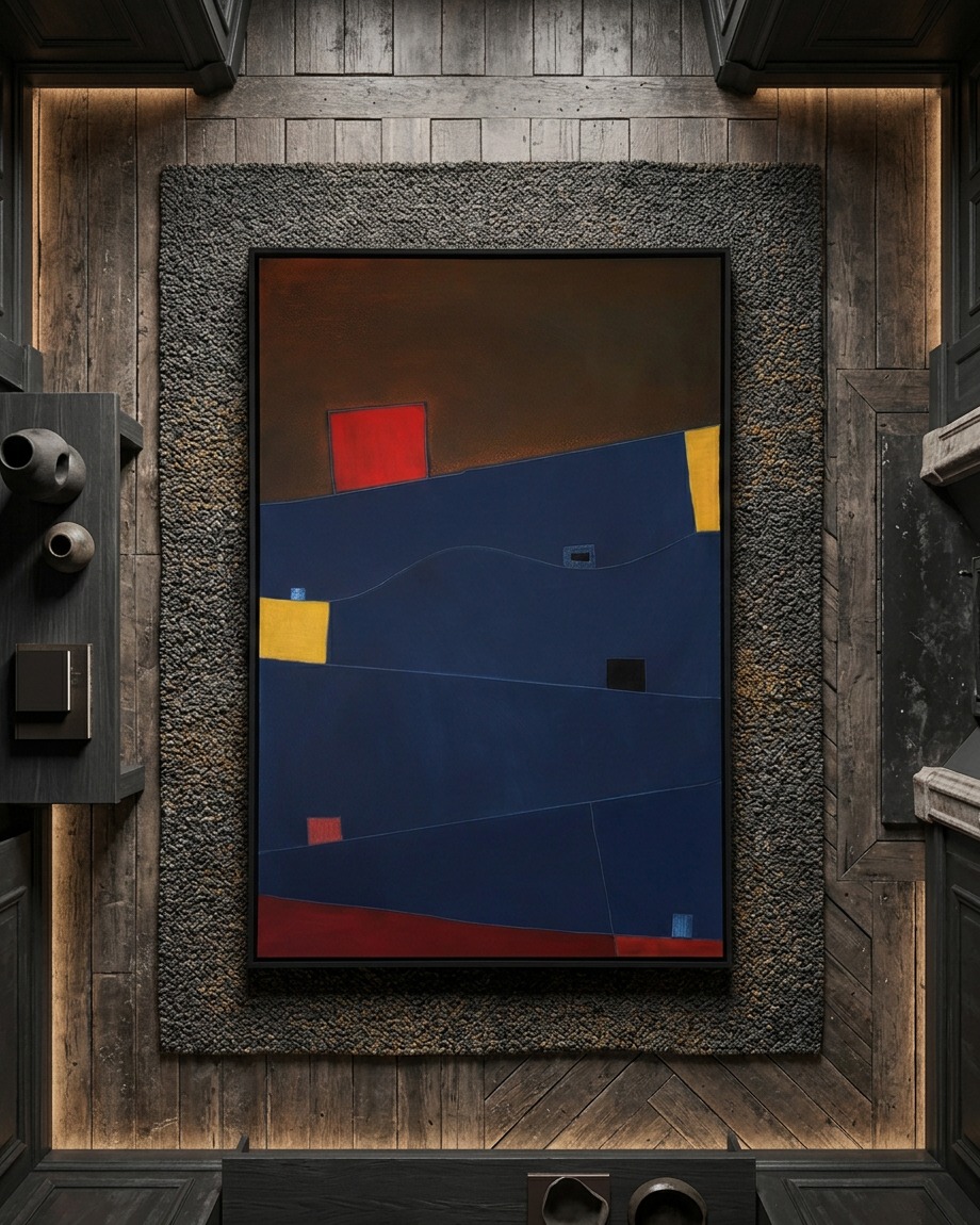Overhead zenithal view of the vertical abstract painting COACTUS resting on a textured gray rug, surrounded by dark wood herringbone flooring. The artwork features fields of deep indigo blue, bright crimson, and yellow, intersected by fine incised lines.