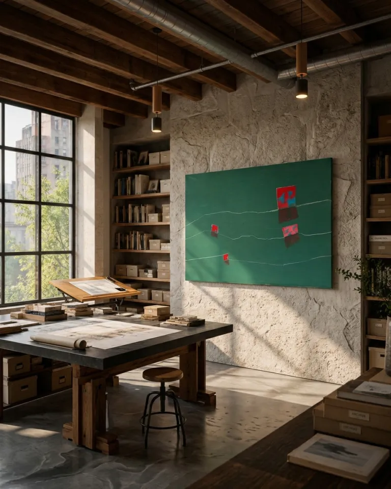 Horizontal abstract painting 'STRATA VII — NEXUS' by Maurizio Valch in an industrial studio. The artwork features a deep green background with three rectangular blocks in red and blue, dark reflections, and two wavy white lines. It hangs on a textured stone wall, with natural light from a large window and bookshelves visible.