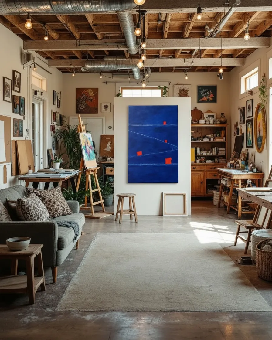 Pintura de Maurizio Valch titulada SUBMERSA instalada en una pared divisoria blanca dentro de un loft industrial espacioso con sofás, plantas y vigas de madera.