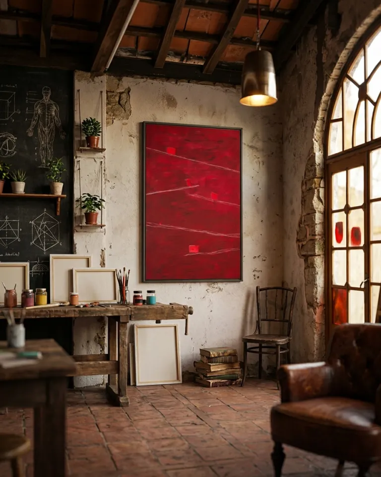 Vertical abstract painting by Maurizio Valch, STRATA IV — DECLIVIS, displayed in a studio with masonry walls and wooden beams. The artwork features a textured crimson red background, traversed by incised white lines and punctuated by four intense red rectangular blocks. An arched window, a workbench, and stacked books are visible.