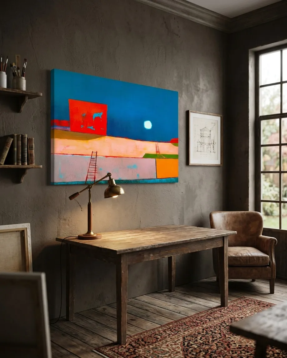 Horizontal abstract painting featuring a large upper field of deep blue. A rectangular crimson block rises from a stratified ground in peach, pink, and green tones, from which small red ladders emerge. A luminous white circle floats within the blue field.