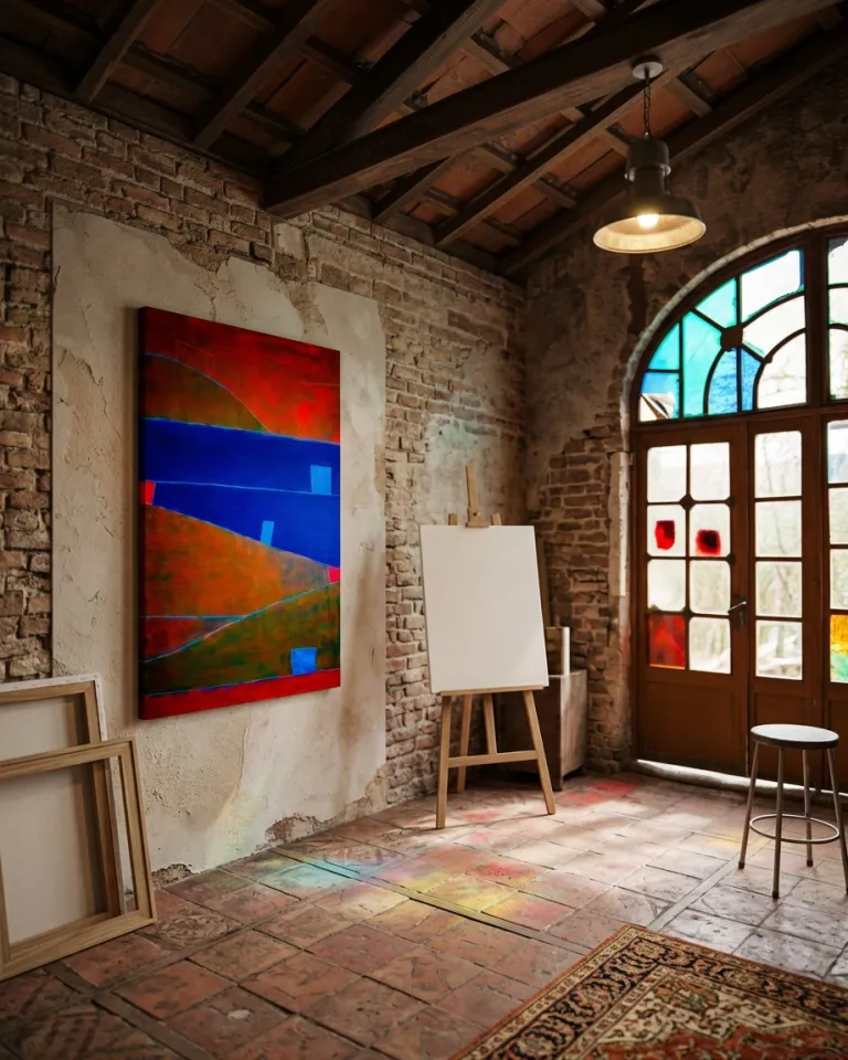 Pintura abstracta vertical expuesta en un panel de yeso sobre un muro de ladrillo rústico en un taller artístico. El lienzo presenta campos horizontales y diagonales en azul cobalto, rojo carmesí y ocre, cruzados por finas líneas incisas. Al lado, se observa un caballete de madera bajo la luz de un ventanal de arco con vidrieras de colores que proyecta reflejos en el suelo de terracota.