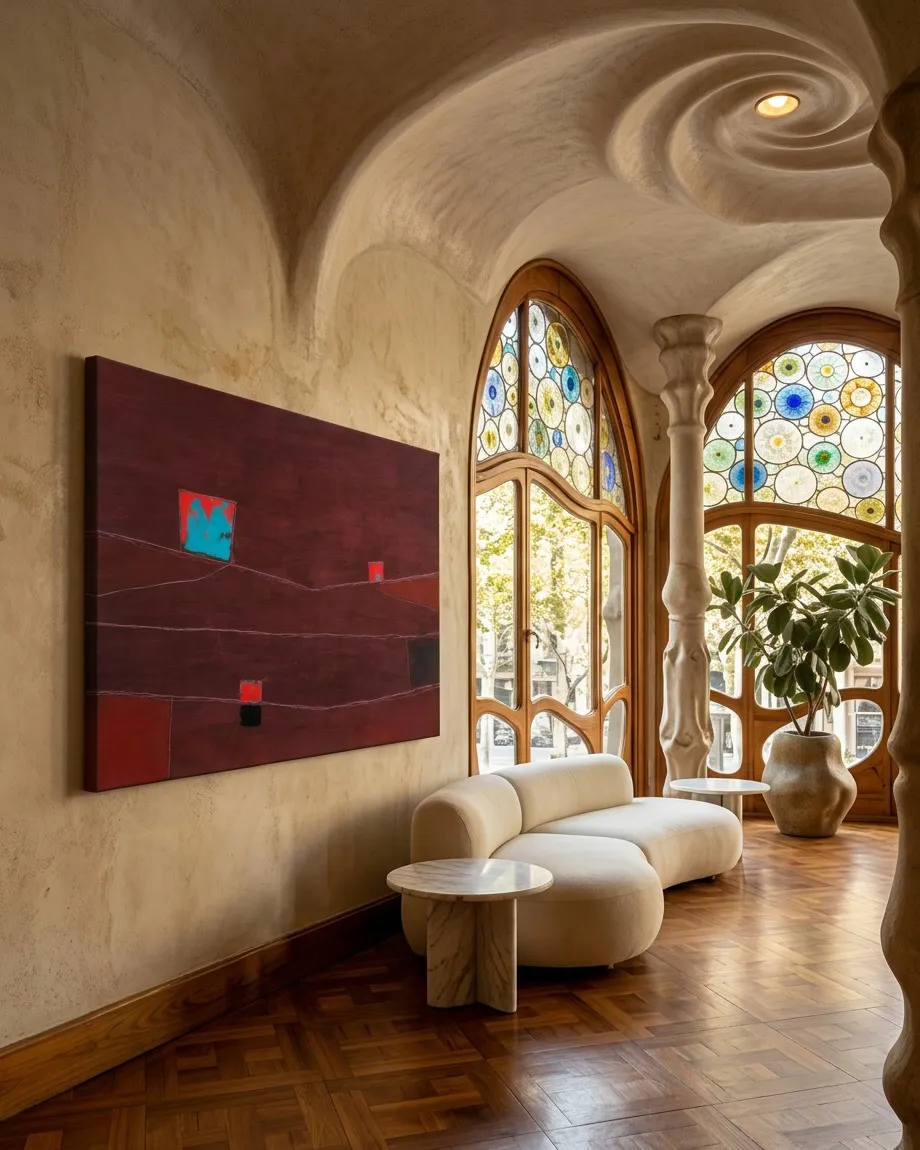 Pintura carmesí FISSURA colgada sobre una pared de estuco beige junto a un sofá blanco curvo y grandes vitrales de colores.