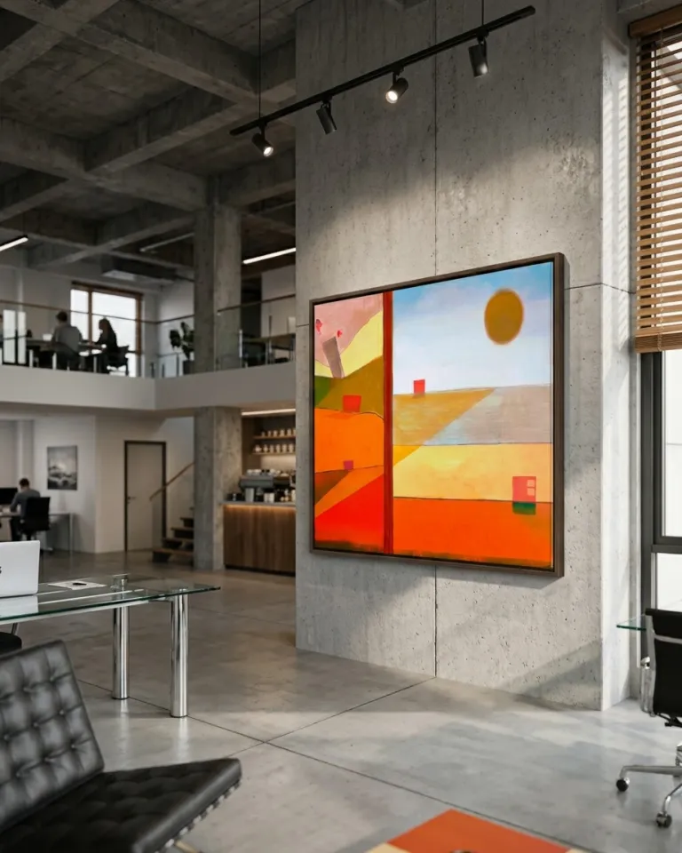 Landscape abstract painting by Maurizio Valch. A vertical incision divides the canvas into two main color fields: yellows and oranges on the left, sky blue with a large golden-yellow circle and stratified yellow, orange, and light blue horizons on the right. Small red and pink rectangular blocks are present on both sides of the division. The artwork is framed in dark wood and hangs on a concrete wall in a loft.