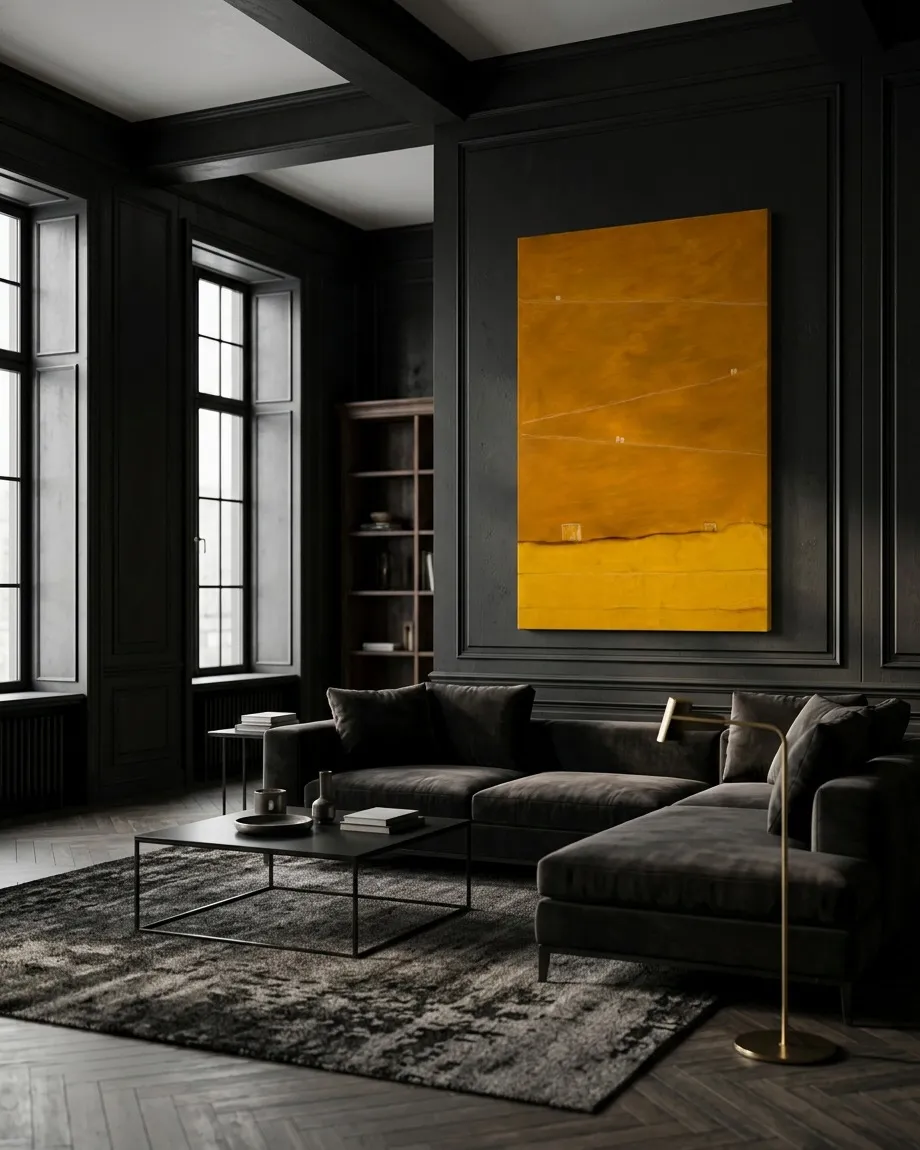 The painting QUINQUE hanging in a classic contemporary living room with grey panelled walls, dark rug, and a velvet sofa.