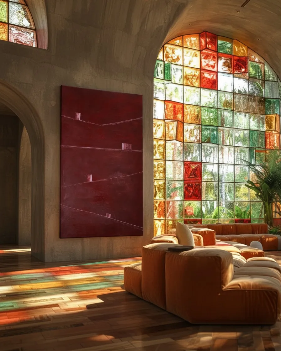 The abstract red painting VESTIGIA by Maurizio Valch hanging on the wall of a modern living room next to a large arched stained-glass window.