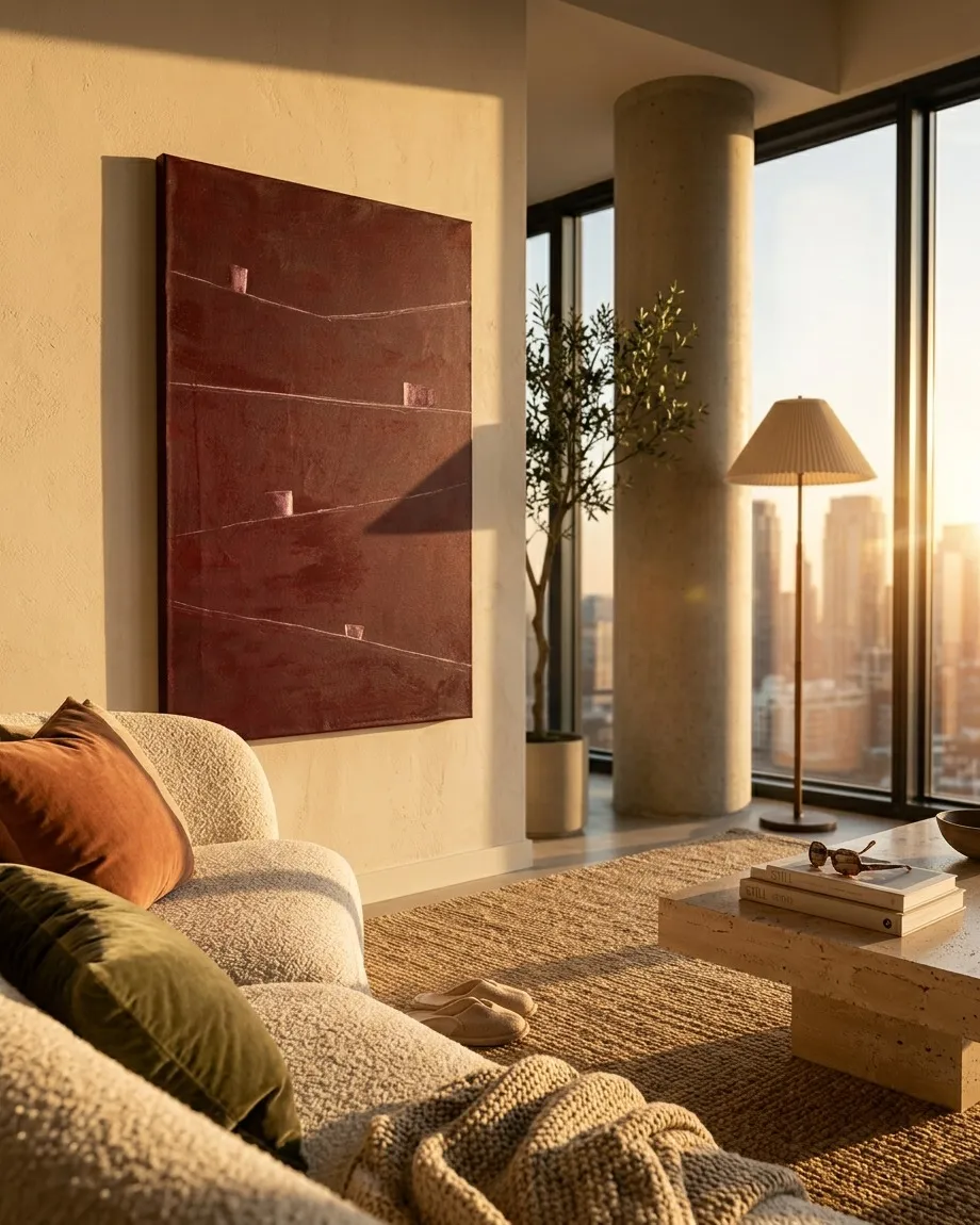 Vertical abstract painting by Maurizio Valch, 'Strata IX — VESTIGIA', featuring a vast, textured crimson field. It shows fine incised horizontal lines and four small, lighter rectangular blocks arranged irregularly. The artwork hangs on a beige wall in a modern room with large windows, warm golden hour light, a sofa, and a coffee table. A concrete column is visible to the right.