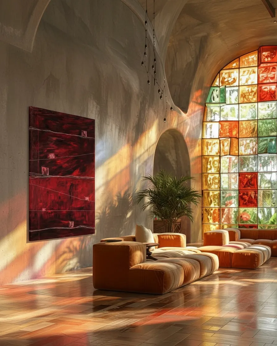 Spacious designer room with vaulted ceilings and a large stained-glass window, featuring the abstract crimson painting Dispersa hanging on the side wall above velvet sofas.