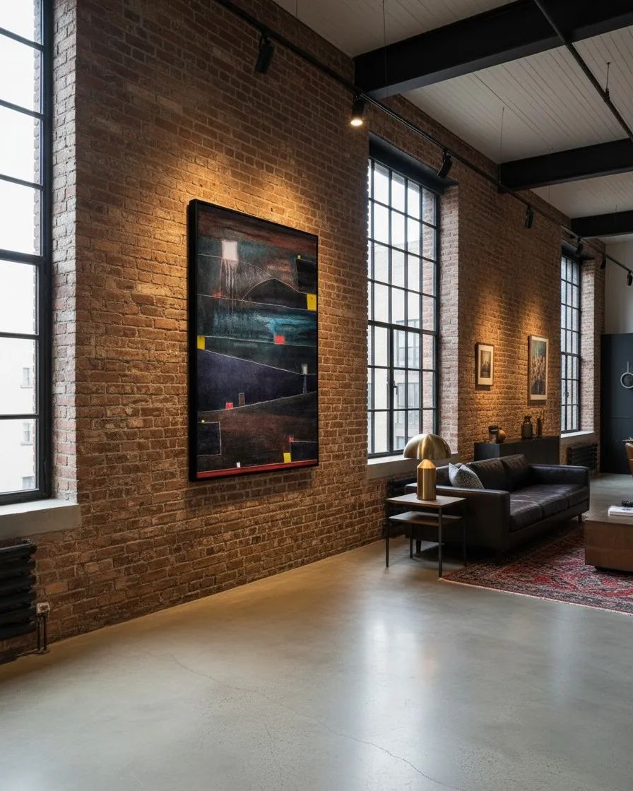 Vertical abstract painting by Maurizio Valch with dominant dark blues, browns, and black tones. It features horizontal bands, rectangular blocks in red, yellow, and white, and incised lines. In the lower right, a small staircase ascends toward an opening in a dark plane. The surface shows pronounced textures and paint drips.