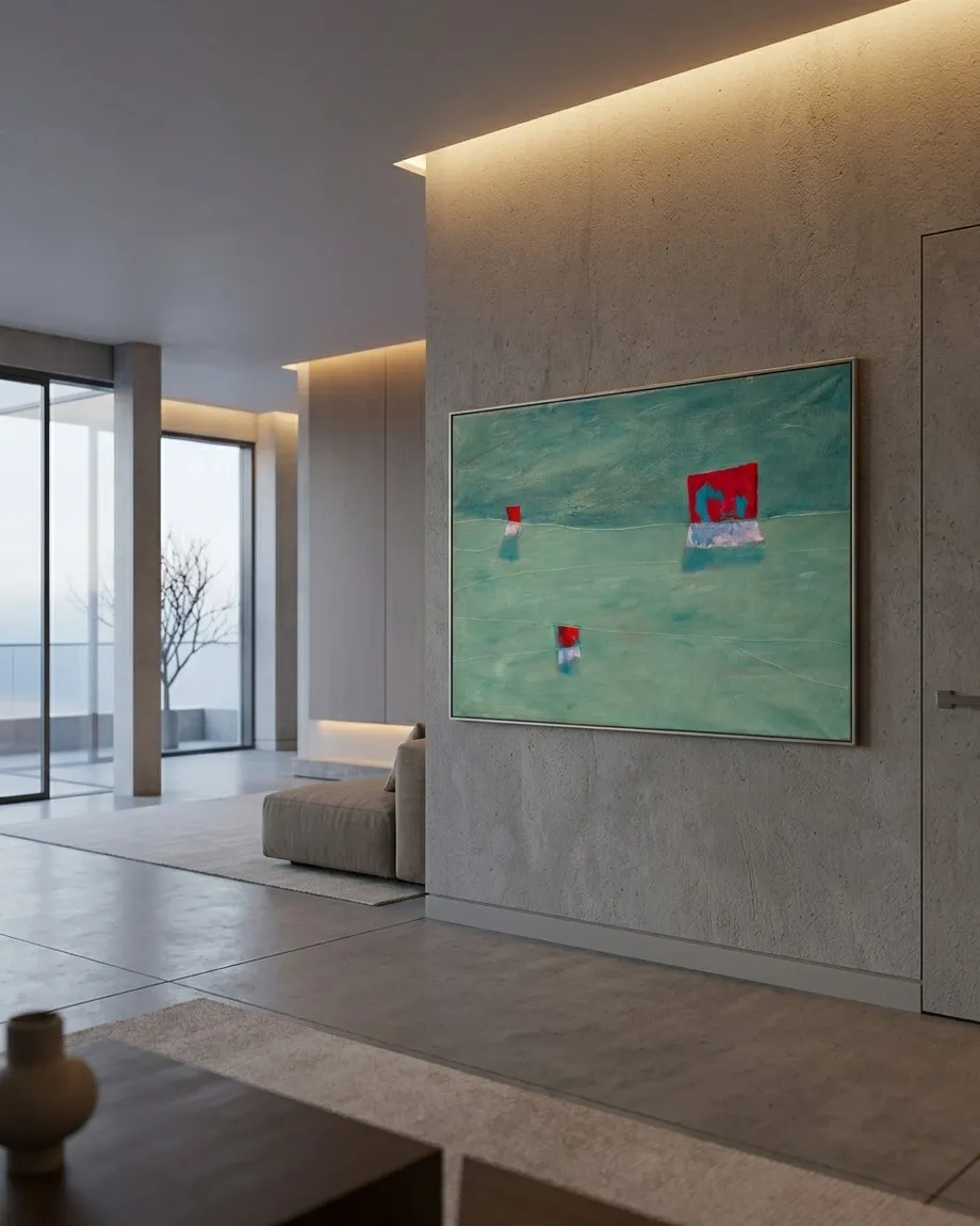 Obra abstracta TRIA sobre un muro de concreto expuesto en una sala contemporánea y sobria iluminada suavemente.