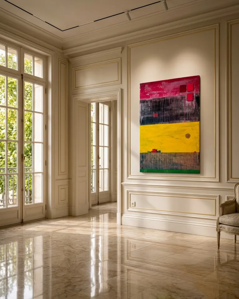 Vertical abstract painting by Maurizio Valch featuring horizontal bands of red, black, and yellow. It showcases rich textures, drips, and elevated elements in the upper section. The artwork is displayed in an elegant, classic room with wall paneling and a polished marble floor that reflects light. Large balcony doors open to a green exterior.