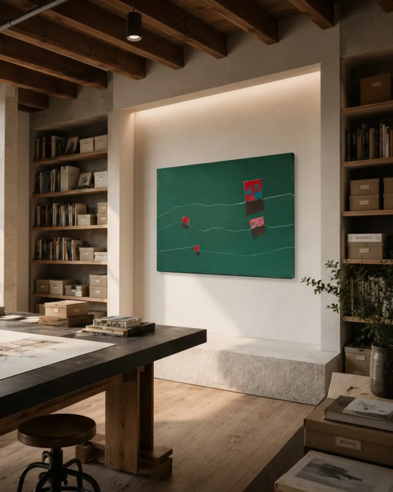 Horizontal abstract painting featuring a dominant dark green background. Three rectangular shapes in red with blue accents are arranged asymmetrically, with darker reflections visible beneath them. Two thin, wavy white lines traverse the canvas from side to side. The surface of the red blocks displays texture and impasto.