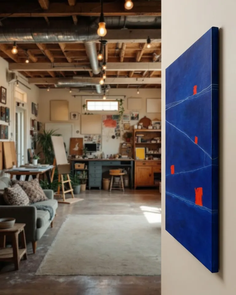 Vertical abstract painting by Maurizio Valch. Deep blue background with horizontal white incised lines. Three small vibrant red rectangular forms appear to float or be submerged. The artwork has a textured surface. It is displayed in an artist's studio, hung on a light wall, with a sofa and desk in the background.