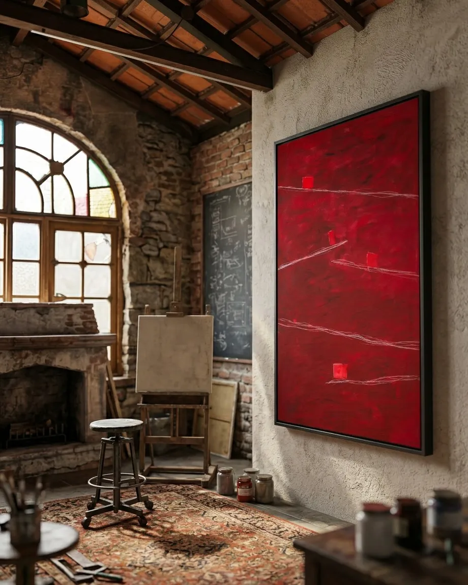 Vertical abstract painting by Maurizio Valch. It features a deep crimson color field with white incised lines and four intense red rectangular blocks. A black frame surrounds the canvas.