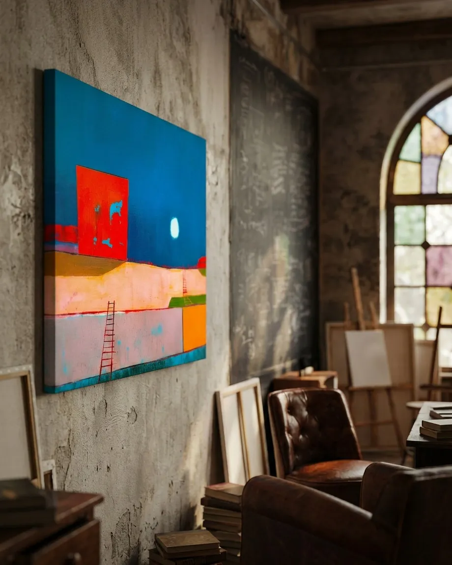 Horizontal abstract painting with a large, intense blue upper field and a vibrant red rectangular block on the left. The lower section features horizontal stripes in pink, ochre, and orange tones, with two thin red ladder-like structures ascending. A whitish oval light point appears in the upper right blue. Textured surface, acrylic and oil on canvas.
