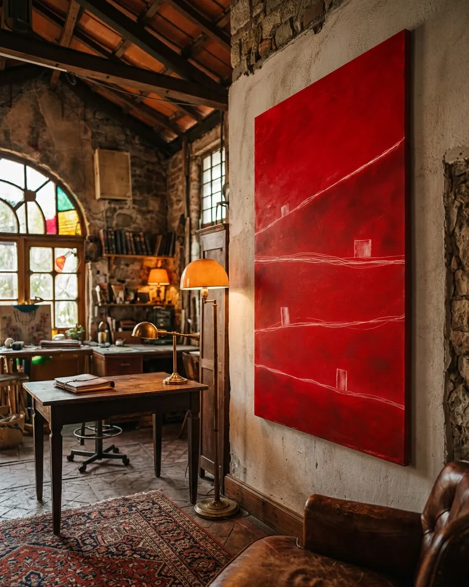 Fotografía en perspectiva de tres cuartos a la derecha que muestra un lienzo abstracto vertical colgado en una pared rústica de yeso. La pintura es de color rojo carmesí con finas líneas incisas horizontales y pequeños bloques claros en un patrón ascendente. El entorno es un atelier con techo de vigas de madera, un escritorio antiguo, una silla, un sillón de cuero marrón y una alfombra clásica bajo la luz cálida de una lámpara de pie.