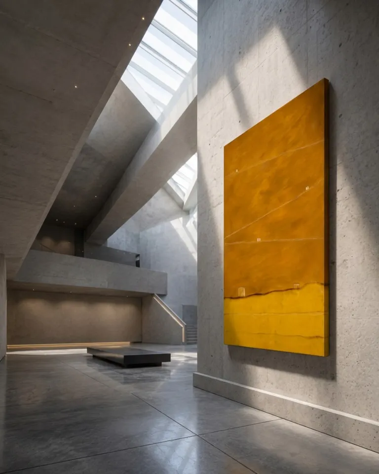 Vertical abstract painting by Maurizio Valch, titled 'STRATA V — QUINQUE'. It features a large ochre upper field and a vibrant yellow lower strip, divided by a dark, undulating horizon line. Fine lines and small rectangular blocks are visible on the ochre field. The artwork is displayed on a concrete wall in a brutalist gallery, illuminated by natural light.