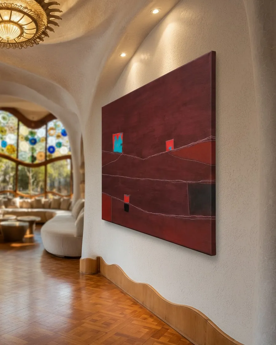 Pintura abstracta de gran formato FISSURA de Maurizio Valch colgada en una pared curva de estuco blanco en un elegante interior modernista.