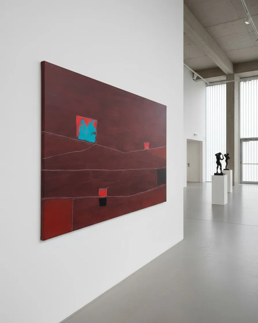 Pintura abstracta FISSURA de Maurizio Valch expuesta en una amplia pared blanca de una galeria de arte contemporaneo con esculturas de fondo.