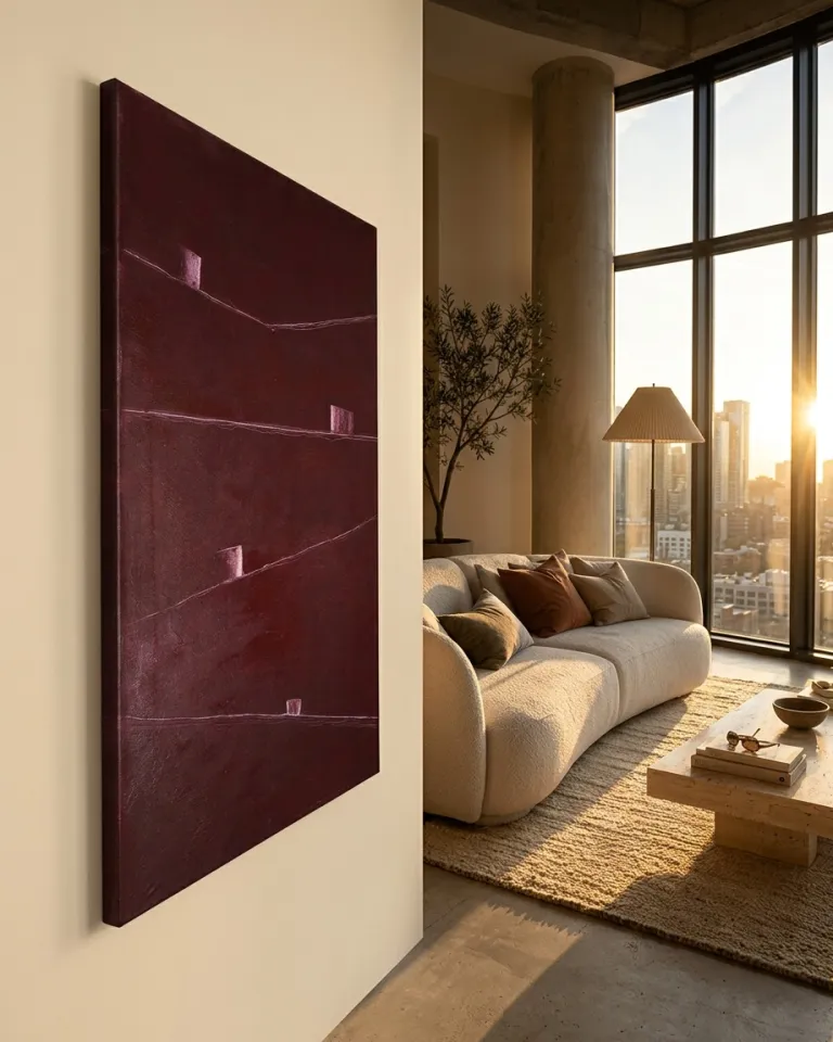 Vertical abstract painting in deep maroon, featuring fine incised lines and lighter rectangular relief forms, displayed on a beige wall within a modern loft with large windows and natural sunset light.