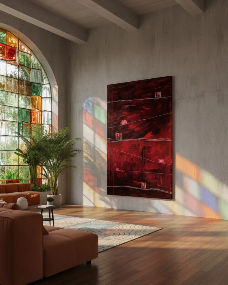 Vertical abstract painting in deep reds and blacks with incised lines and textured quadrangular forms. It hangs on an exposed concrete wall. To its left, an arched stained-glass window casts colored light onto a wooden floor and the surrounding wall.