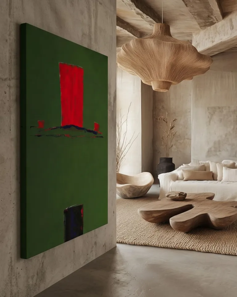Vertical abstract painting, titled STRATA XI — ASCENSUS, featuring a large red block over a deep green field, with a dark horizontal band and a small threshold at the bottom. The artwork hangs on a textured concrete wall in a contemporary living room with organic wooden furniture.