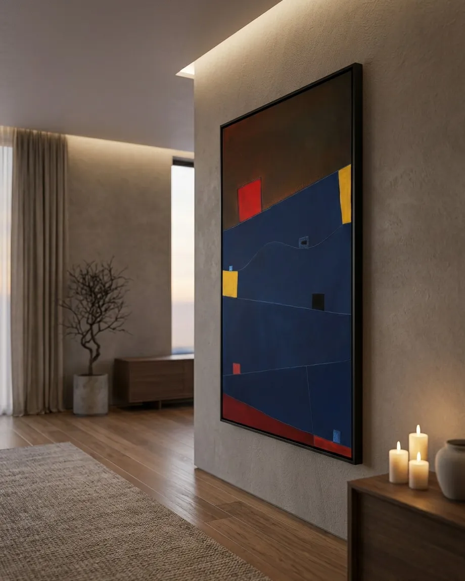 A three-quarter perspective photograph of a vertical abstract painting on a matte gray plaster wall. The artwork features a large indigo blue field crossed by thin diagonal lines, with a crimson block at the top and yellow accents on the sides. In the foreground, three lit candles on a wooden console table cast a warm, dim glow across the lower right corner of the space.