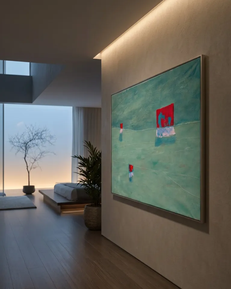 Horizontal abstract painting 'STRATA VIII - TRIA' by Maurizio Valch. It features a vast blue-green color field, textured with impasto and scraping. Three rectangular carmine red blocks, with subtle outlines, appear to float: one large on the right, a smaller one top-left, and a third smaller one bottom-center. Fine incised white lines cross the surface.