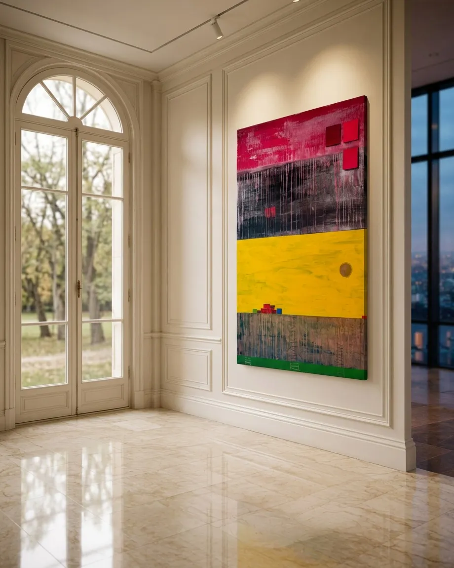 Pintura abstracta vertical de Maurizio Valch con cinco bandas horizontales. La franja superior es roja, texturizada, con tres cuadrados rojos elevados a la derecha. Sigue una banda negra con líneas verticales goteantes rosadas. Debajo, una franja amarilla brillante con un círculo marrón y pequeños bloques de colores a la izquierda. La penúltima banda es grisácea con marcas que evocan escaleras. La base es una franja verde.