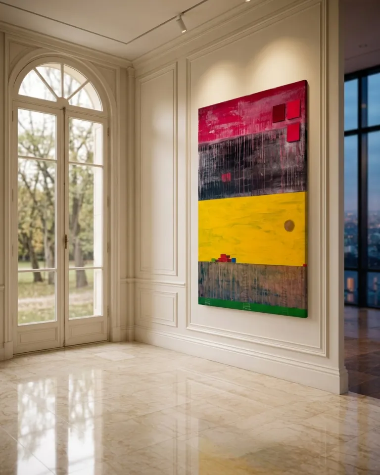 Vertical abstract painting by Maurizio Valch with five horizontal bands. The top band is textured red, with three elevated red squares on the upper right. Below is a black band with pink dripping vertical lines. Next is a bright yellow band with a brown circle and small colored blocks on the left. The penultimate band is grayish with ladder-like marks. The bottom band is green.