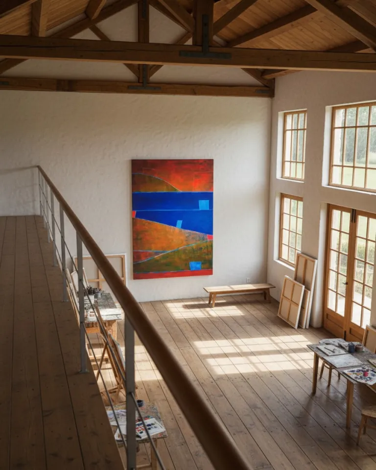 Vista aérea en picado desde un entrepiso de madera hacia un taller luminoso donde cuelga una pintura abstracta vertical. El cuadro presenta franjas en azul, rojo y tonos ocre con pequeños rectángulos celestes. En la planta baja, se observan caballetes, bastidores apoyados contra el muro de yeso blanco y ventanales altos que proyectan sombras rectangulares sobre el suelo de pino claro.