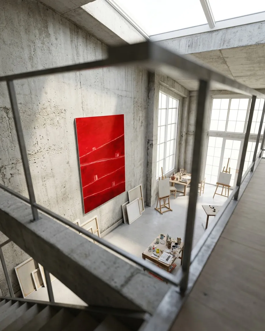 Vista aérea en plano picado desde un entrepiso de hormigón con baranda de metal, mirando hacia un taller de doble altura. En la pared de concreto rústico cuelga una pintura abstracta vertical de color rojo intenso con incisiones blancas horizontales y pequeños bloques claros. En el suelo de cemento gris de la planta baja se aprecian caballetes, mesas de madera con pinceles, frascos y bastidores vacíos apoyados bajo la luz natural de amplios ventanales.