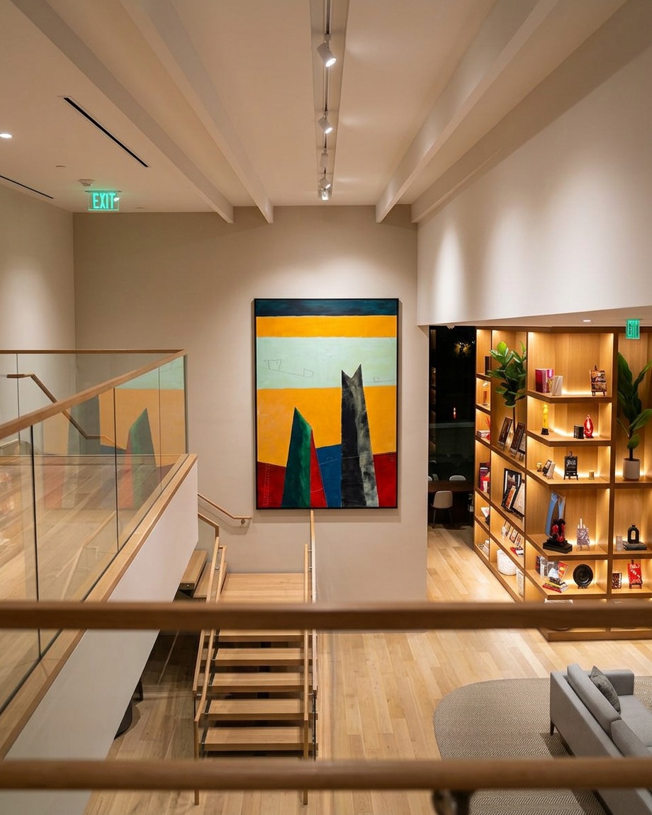 Large abstract artwork featuring geometric shapes in yellow, blue, black, red, and green on a light-colored wall in a modern, multi-level atrium with wooden stairs, glass railings, and a large illuminated bookshelf.
