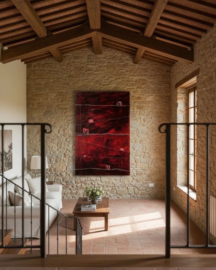 Vertical abstract painting titled DISPERSA hanging on an interior rustic stone wall in a cozy living room.