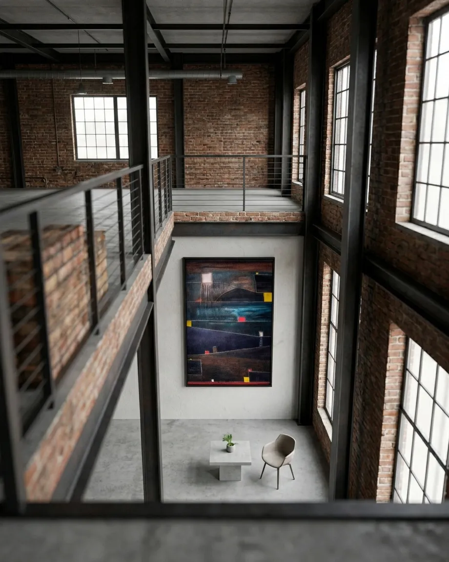 Vertical abstract painting by Maurizio Valch. It features dark blue and brown color fields, divided by horizontal lines. Small red, yellow, and white rectangles are included. In the lower right, a tiny ladder ascends towards a subtle opening. The surface is textured with layers and paint drips.