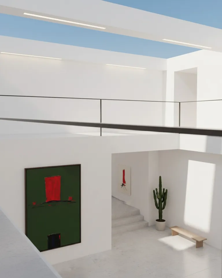 Vertical abstract painting, "STRATA XI — ASCENSUS," by Maurizio Valch. A large, textured red rectangle rises above a deep green field. A dark horizontal line and smaller red shapes, alongside a lower black block, structure the material composition in acrylic and oil on canvas. The artwork presents a strong tension between its forms and colors.