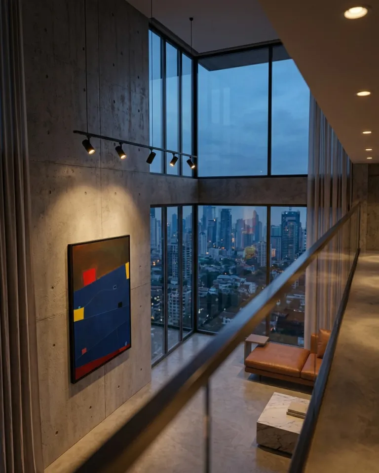 A bird's-eye perspective from a mezzanine looking down into a double-height living room with exposed concrete walls. On the left, a vertical abstract painting with blue, red, and yellow color fields stands out. In the background, a corner window reveals an urban city skyline at night under a twilight sky. On the concrete floor, a brown leather daybed and a low white marble table are positioned under track lighting.