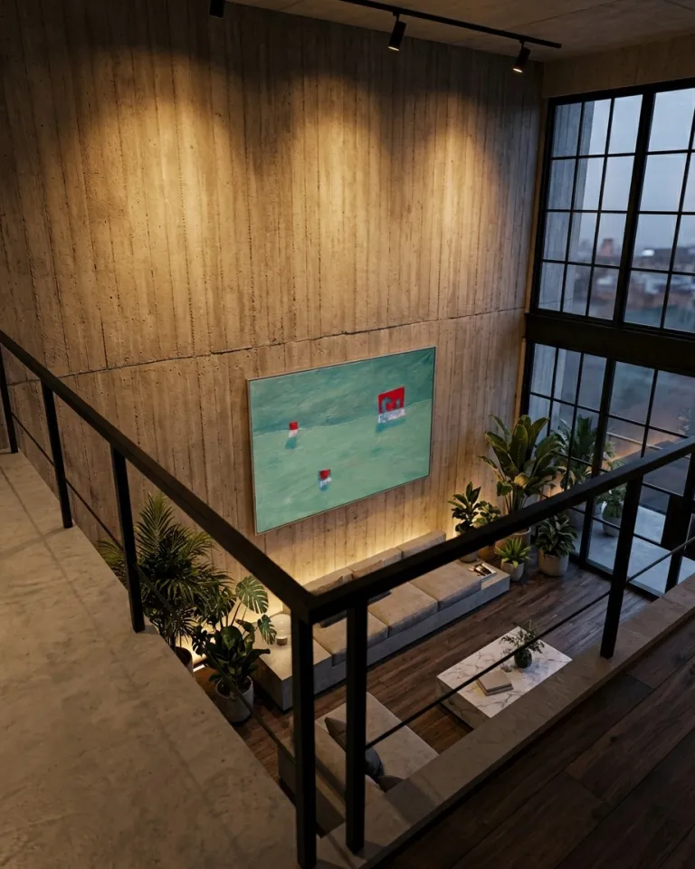 Horizontal abstract painting 'STRATA VIII - TRIA' by Maurizio Valch in a double-height loft. A vast blue-green field with three red blocks and fine horizontal lines hangs on an exposed concrete wall, illuminated by warm spotlights. The space features large black-framed windows, metal railings, modern gray furniture, and plants, viewed from an upper balcony.