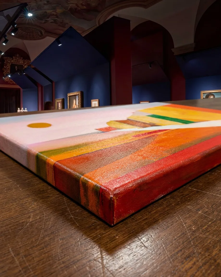 Detalle a ras de mesa de VIA SOLIS, de Maurizio Valch, con el canto del lienzo visible, una vía blanca, bloques naranjas y amarillos y un sol naranja sobre fondo rosado.