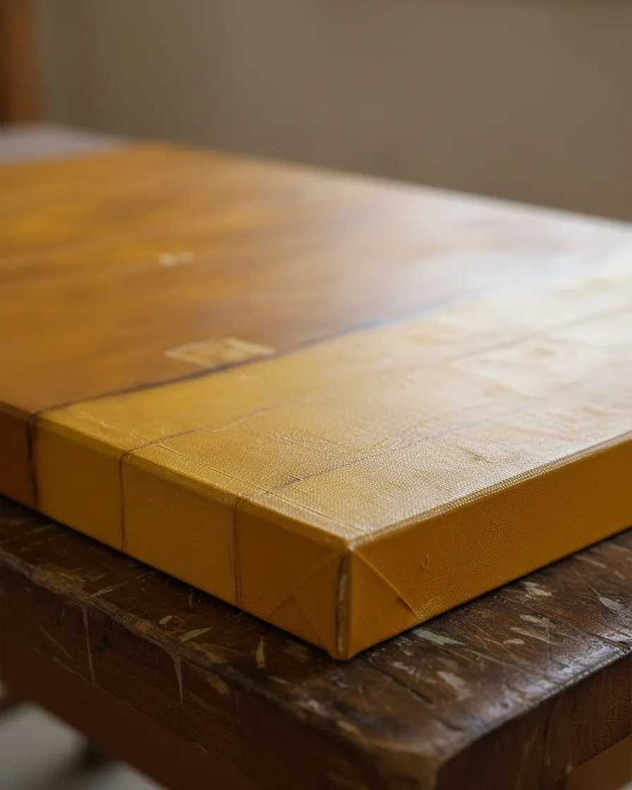 Plano de detalle del ángulo inferior de QUINQUE sobre una mesa de taller, revelando la textura del amarillo matérico y el canto del lienzo.