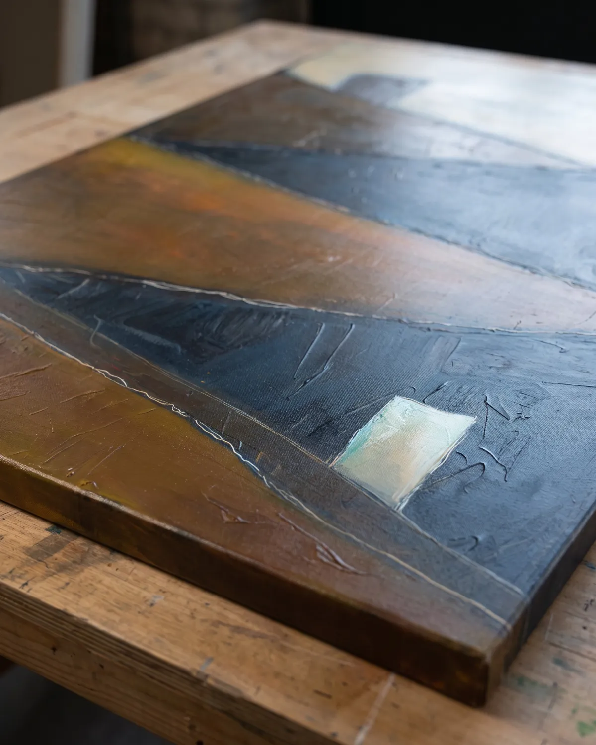 Close-up detail of the abstract painting TENSUM resting on a wooden studio workbench, showing rough textures, impastos, and a light incised line.