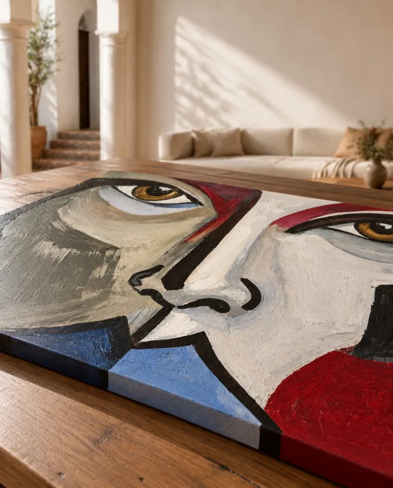 Close detail of ASPECTUS by Maurizio Valch on a wooden table, showing dense brushstrokes, a divided face, and amber eyes.