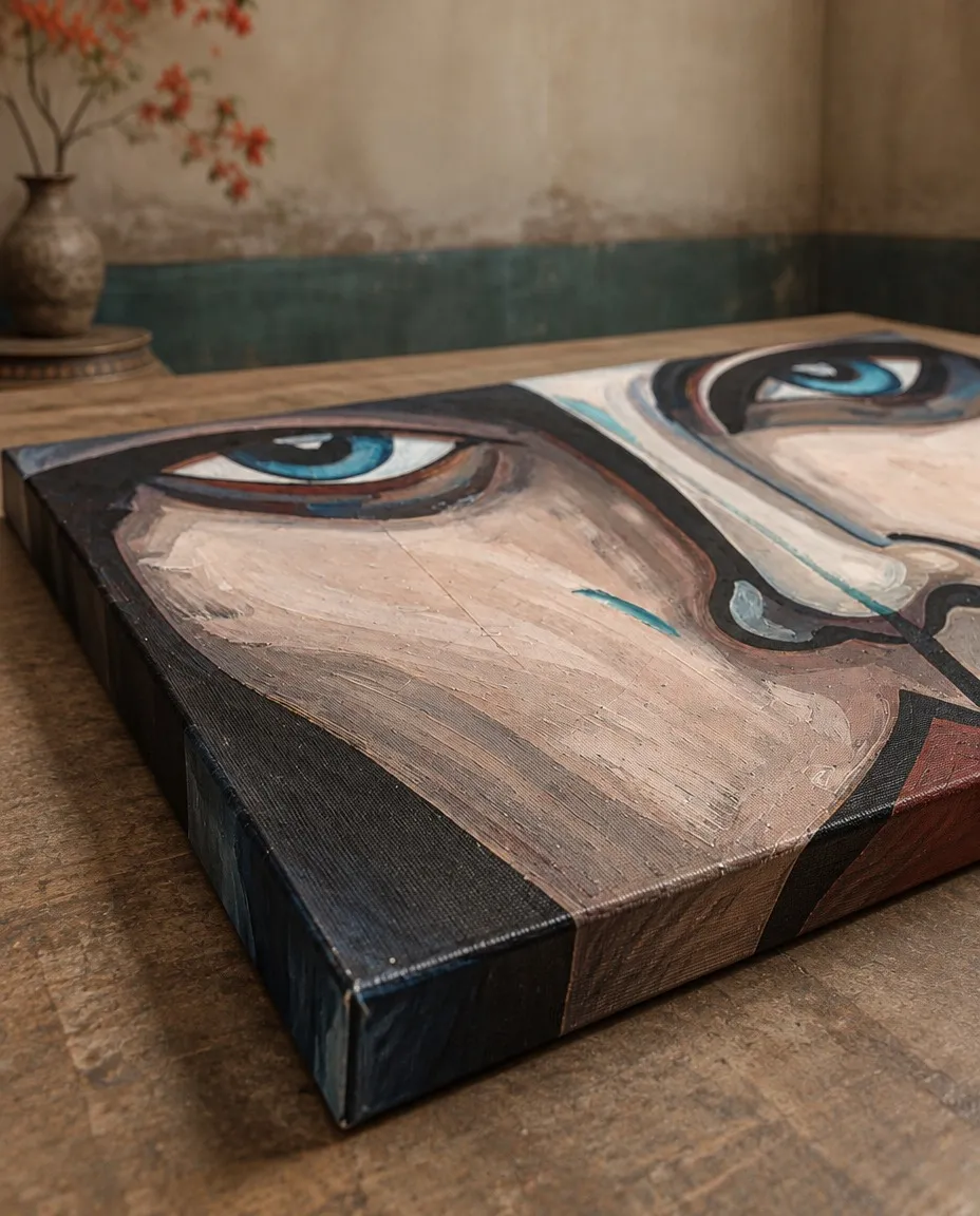 Vista cercana y oblicua de CUTIS, pintura de Maurizio Valch: rostro fragmentado con ojos azules, tonos tierra, contornos oscuros y superficie texturada sobre lienzo.