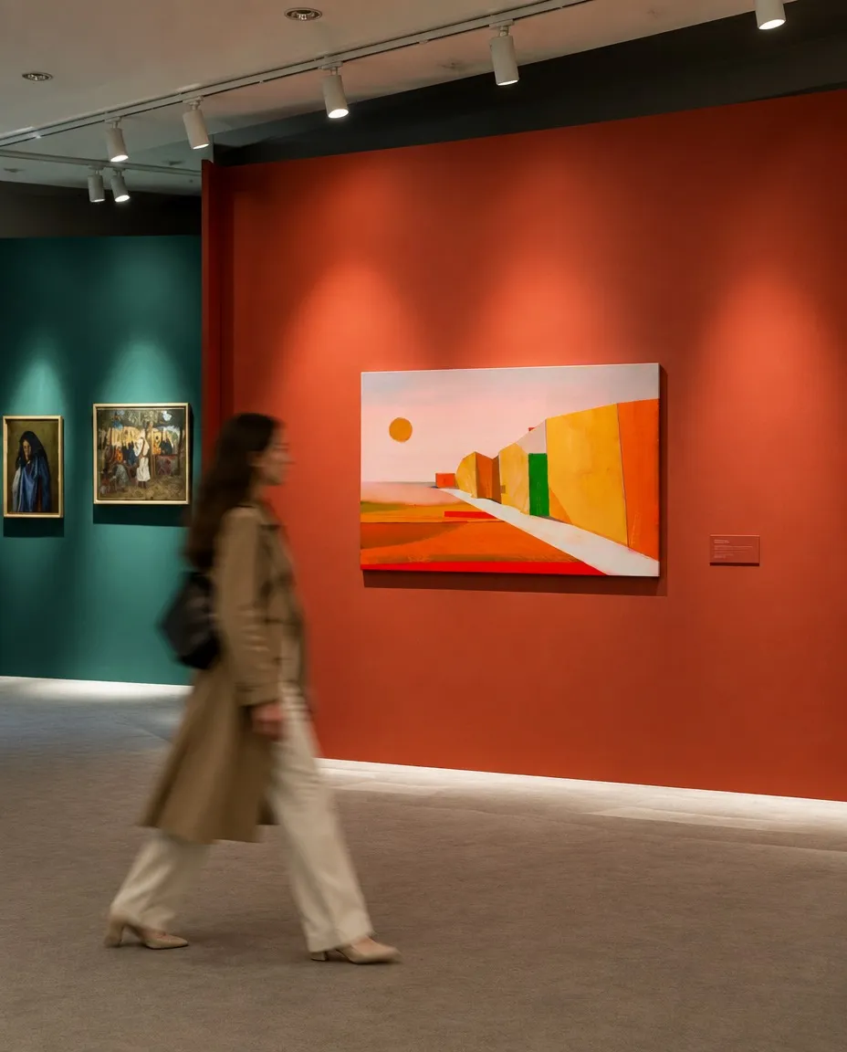 Una visitante pasa frente a VIA SOLIS, pintura abstracta de Maurizio Valch instalada en una pared roja de galería, con una vía blanca entre campos naranjas y bloques amarillos.