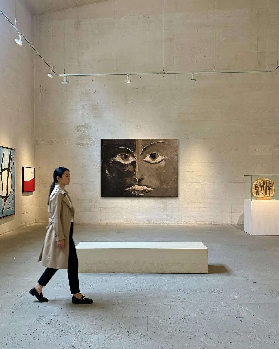 Instalación de la obra 'La mitad de la mirada' colgada en un muro rústico texturizado de una galería, con una persona caminando en primer plano delante de ella.