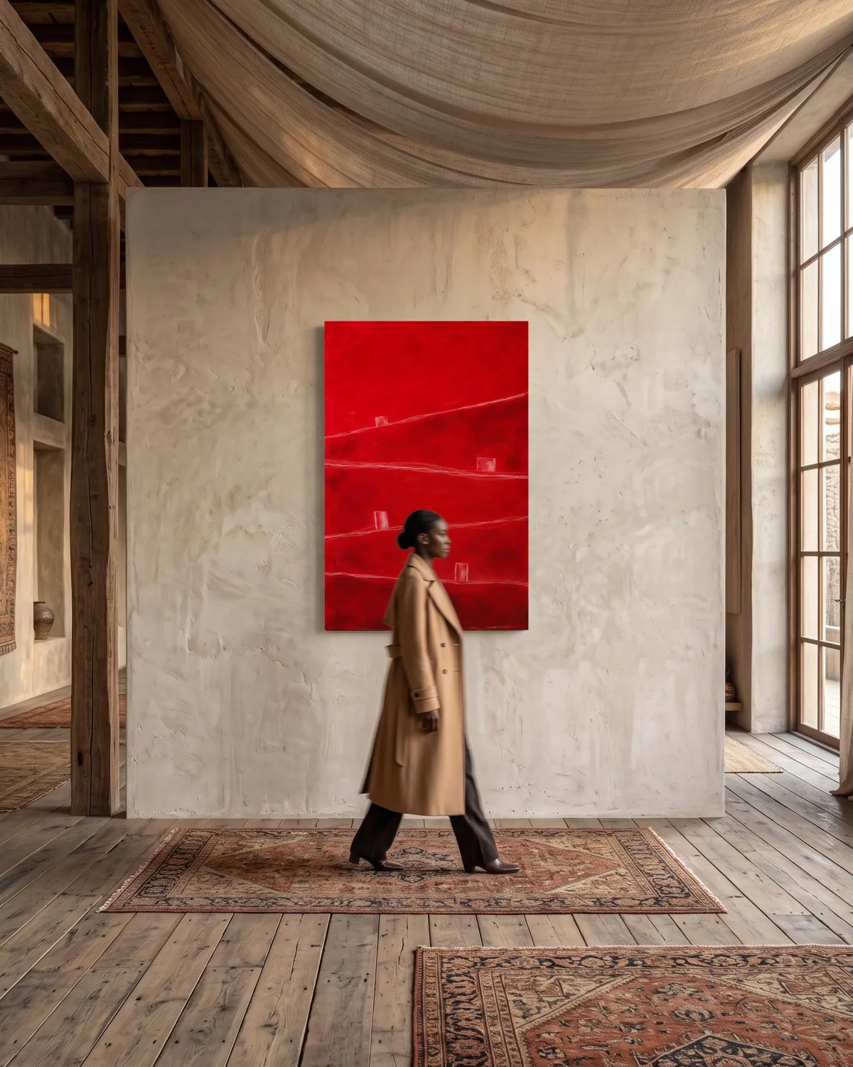 Gran cuadro abstracto rojo carmesí ATHAR colgado en una amplia pared de yeso rústico dentro de un loft de diseño con alfombras y suelos de madera.