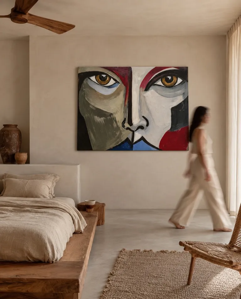 ASPECTUS by Maurizio Valch hanging on a beige wall in a contemporary bedroom; the painting depicts a divided frontal face with amber eyes and fields of olive green, white, red, and blue.