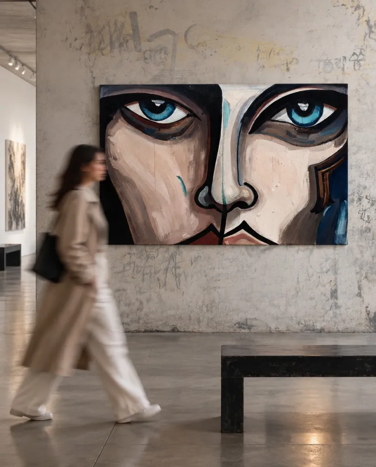 CUTIS de Maurizio Valch instalada en una sala de exposición: pintura monumental de un rostro frontal fragmentado con grandes ojos azules y planos terrosos.