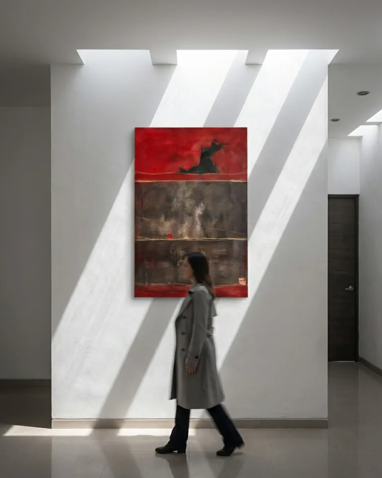 An abstract vertical painting hung in a minimalist white hallway, with a person walking in the foreground under diagonal beams of light filtering through skylights.