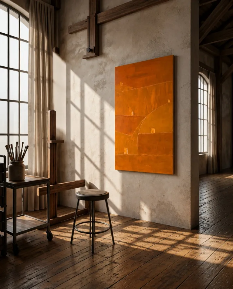 A vertical abstract canvas in warm tones hanging on the wall of a loft studio with lateral sunlight, wooden beams, and rustic flooring.